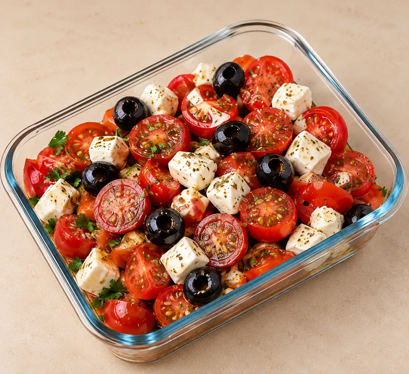Salade méditerranéenne aux tomates cerises, feta et olives noires dans un plat en verre