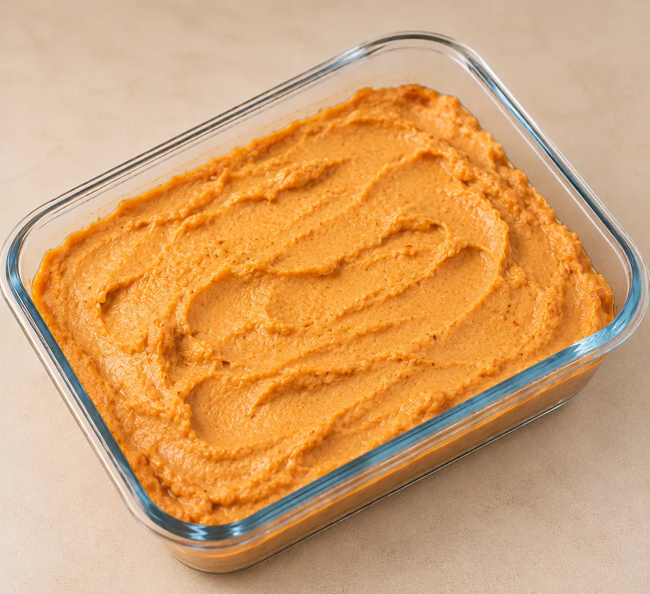 Dip crémeux orange étalé dans un plat en verre
