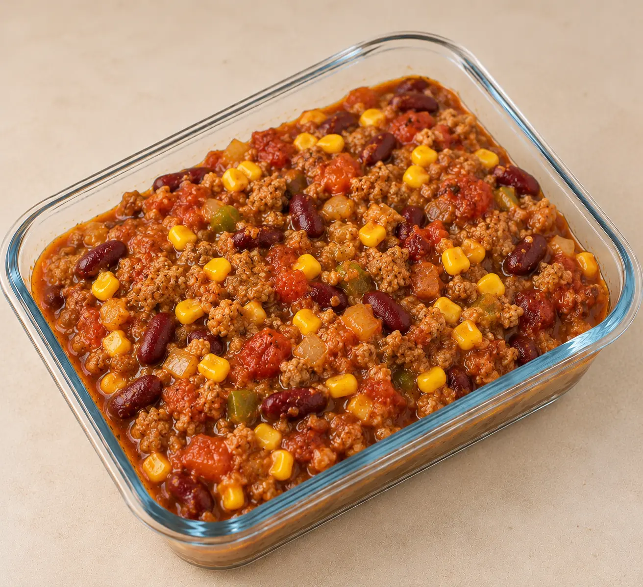 Chili maison au bœuf, haricots rouges et maïs dans un plat en verre