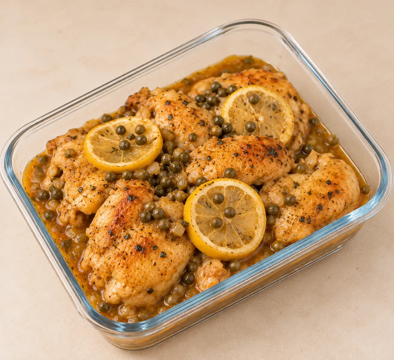 Poulet citronné aux câpres nappé de sauce dorée dans un plat en verre