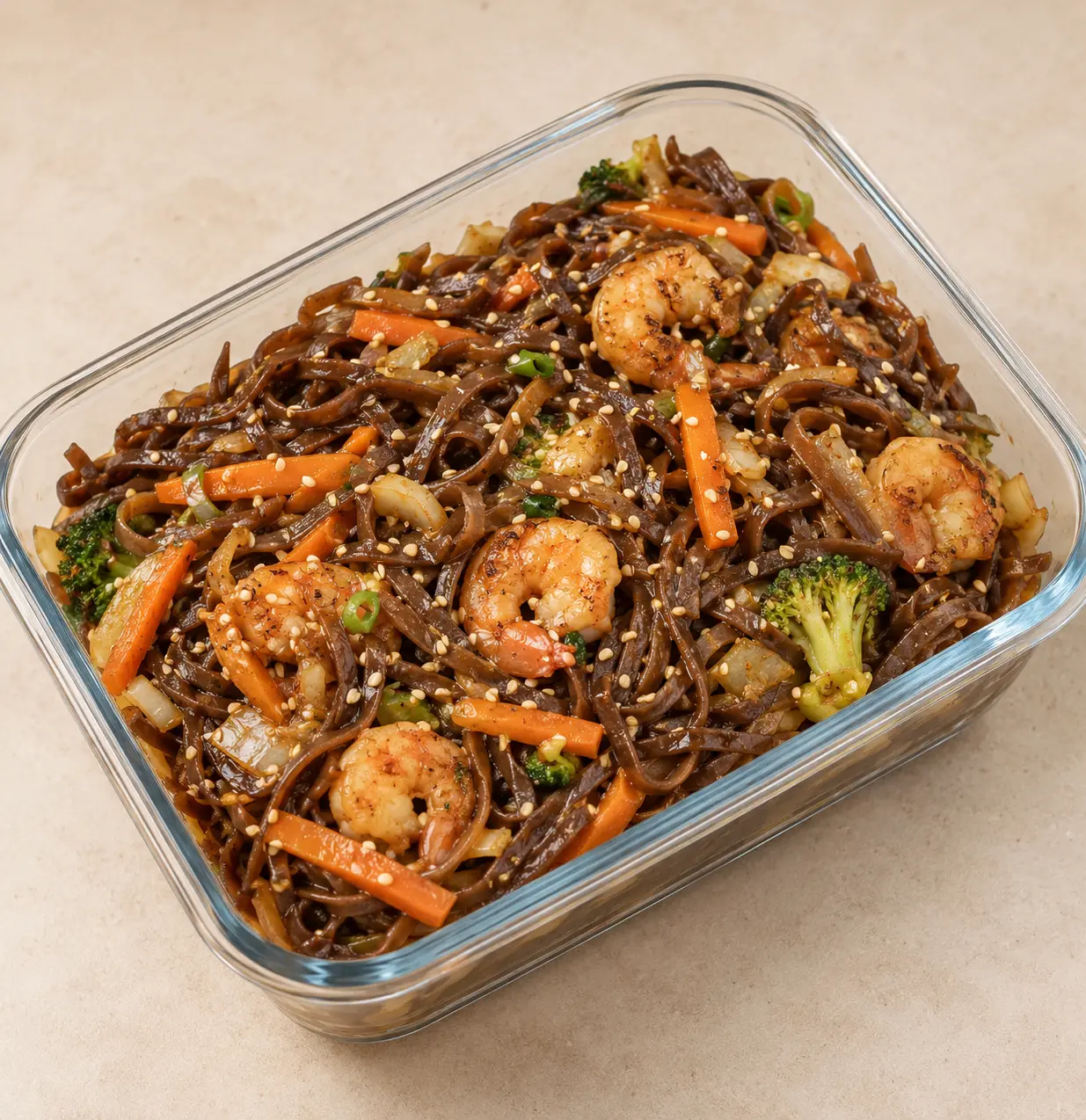 Nouilles sautées aux crevettes, carottes et brocolis dans un plat en verre