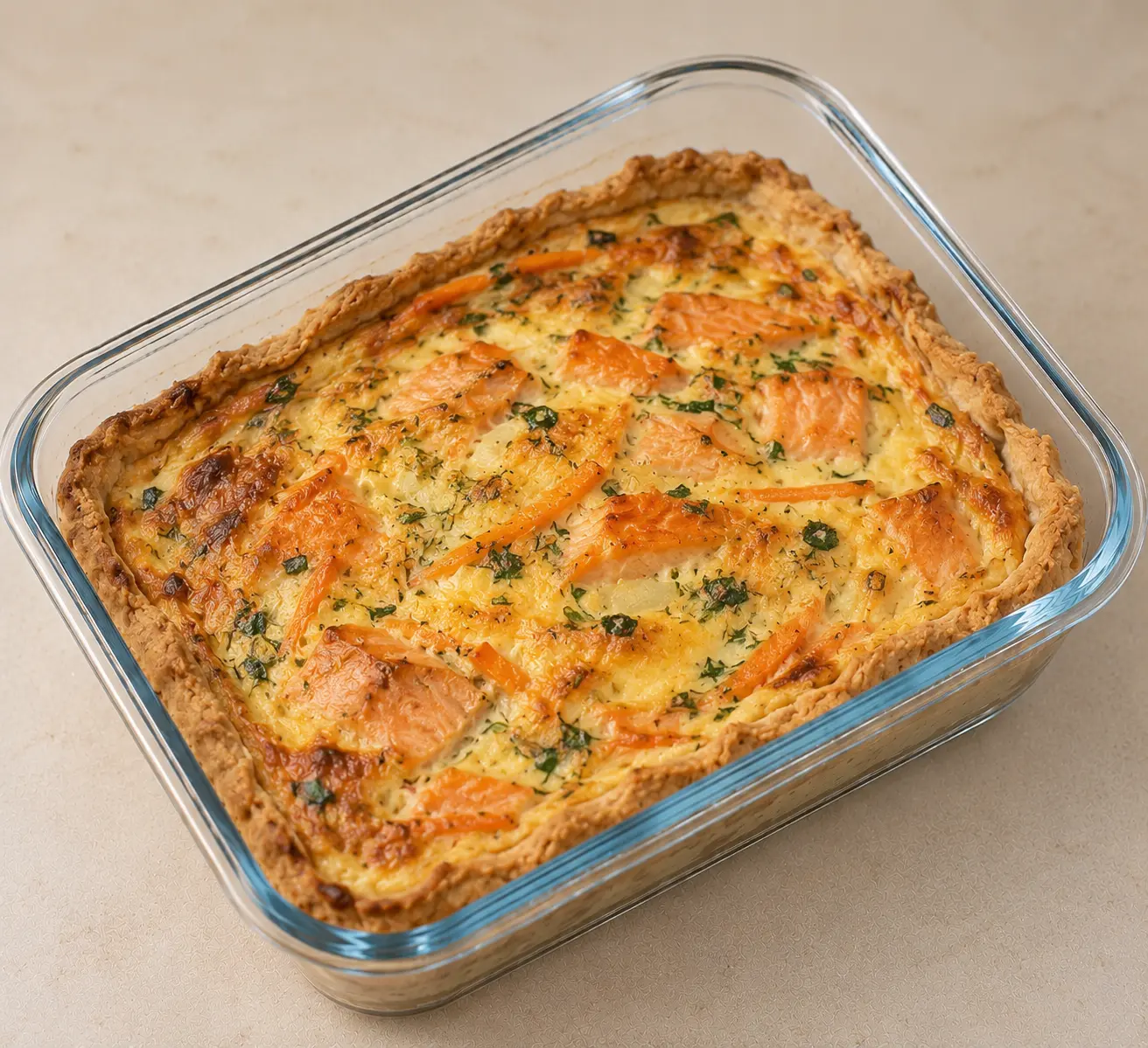Quiche dorée au saumon et aux herbes dans un plat en verre