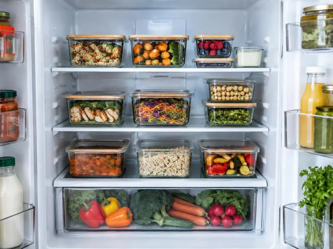 Après : le frigo rempli de repas préparés et organisés (photo provisoire)